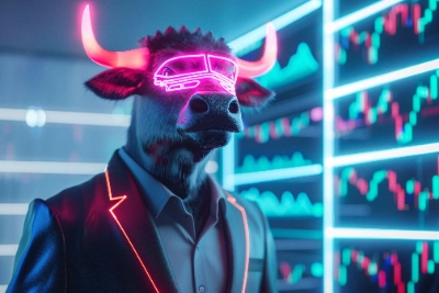 Un toro antropomórfico vestido con un traje elegante con detalles de neón rojo y gafas futuristas brillantes posa de perfil ante un fondo de pantallas oscuras iluminadas con gráficos bursátiles de velas en tonos azules y turquesas.
