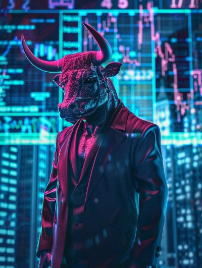 Un toro antropomórfico con un traje formal oscuro posa con actitud imponente frente a una enorme pantalla vertical repleta de gráficos financieros complejos y rascacielos iluminados en tonos neón cian y magenta.