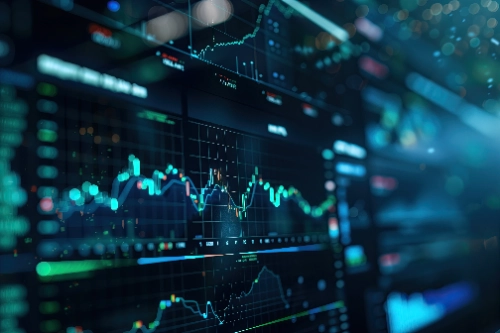 Representación en 3D de pantallas con gráficos de velas e indicadores financieros del mercado de valores en tonos azules y verdes. La imagen captura la complejidad del análisis técnico y el monitoreo de datos bursátiles en tiempo real.