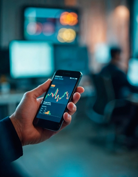 Un primer plano de la mano de una persona sosteniendo un teléfono celular, en el cual se muestra una aplicación de trading con gráficos de acciones en tiempo real.