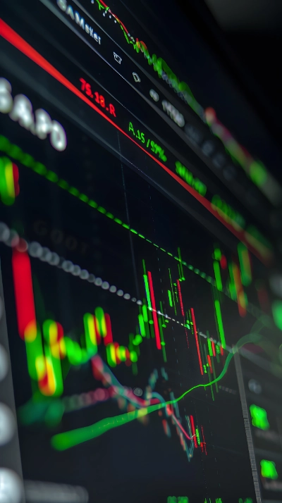 Un primer plano en ángulo muestra una pantalla digital oscura con un gráfico financiero de velas (trading) en constante fluctuación, destacando líneas e indicadores verdes y rojos con un efecto de profundidad de campo desenfocado.