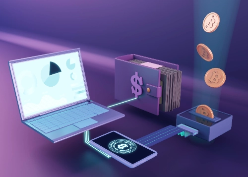 se muestra un diseño tridimensional con una laptop que despliega gráficos, conectada a una billetera con billetes, un smartphone y un dispositivo que recibe monedas de Bitcoin flotantes