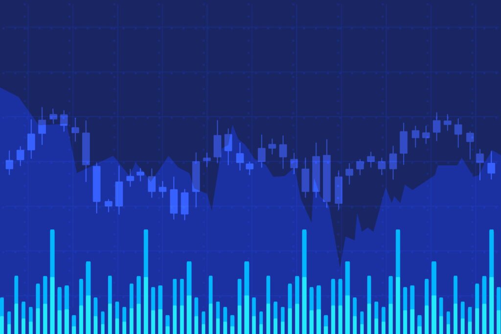 Una ilustración digital con estética financiera sobre fondo azul, compuesta por un gráfico de velas japonesas en la parte superior y un histograma de barras verticales de volumen en la parte inferior.