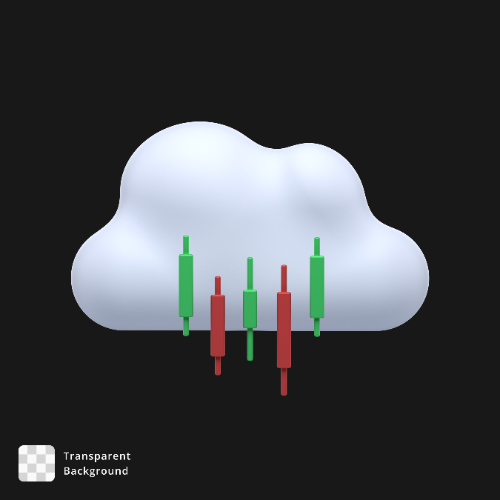 Icono 3D de una nube blanca suave con varias velas japonesas verdes y rojas superpuestas verticalmente en la parte inferior, sobre un fondo negro.