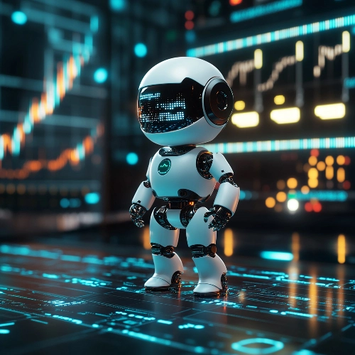 Un pequeño e interactivo robot humanoide blanco de pie en un entorno digital de alta tecnología, rodeado de pantallas de fondo borrosas que muestran gráficos y analíticas financieras.