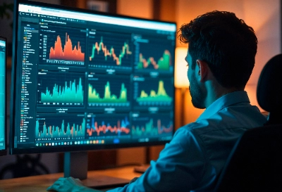 Un hombre de espaldas analiza una pantalla de computadora grande que muestra múltiples paneles con gráficos financieros detallados