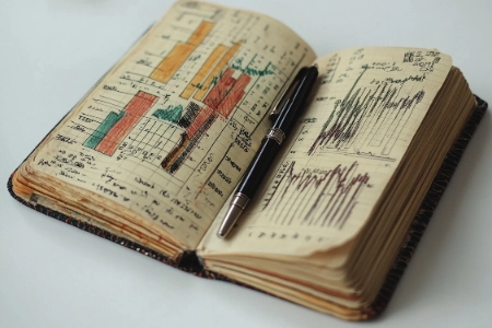 se muestra un libro o libreta antigua abierta sobre una superficie blanca. Las páginas amarillentas contienen gráficos de barras coloreados a mano, anotaciones numéricas y diagramas lineales detallados, con una elegante pluma estilográfica negra colocada en el centro sobre el pliegue.