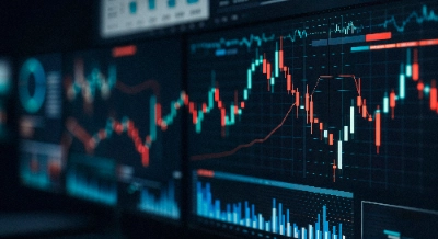 Varias pantallas digitales alineadas en un entorno oscuro muestran una visualización compleja de datos financieros, destacando gráficos de velas japonesas en rojo y azul