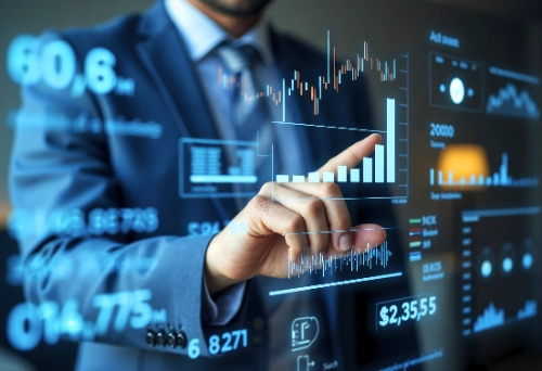 se muestra a un hombre de traje interactuando con una interfaz digital flotante llena de gráficos financieros de barras, líneas de tendencia y cifras de mercado en tonos azules.