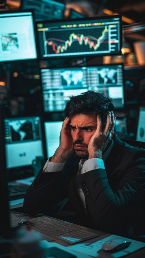 se muestra a un hombre con traje en una oficina oscura, con una expresión de frustración o estrés mientras se sujeta la cabeza con ambas manos frente a múltiples monitores que despliegan gráficos financieros de velas y mapas globales.