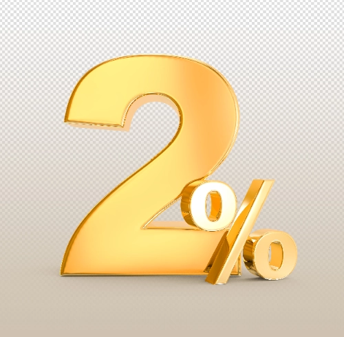 se muestra el número 2 junto al signo de porcentaje (%) en un diseño tridimensional dorado y brillante sobre un fondo claro.