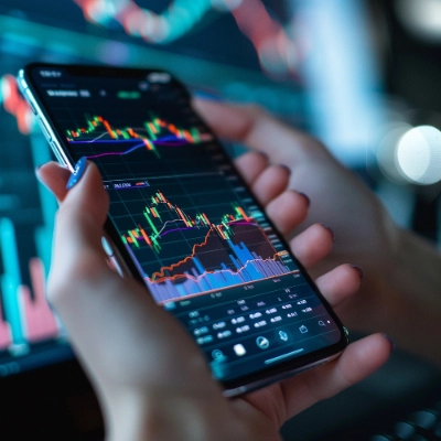 Las manos de una mujer sostienen un teléfono inteligente que muestra gráficos financieros y de velas japonesas en tiempo real