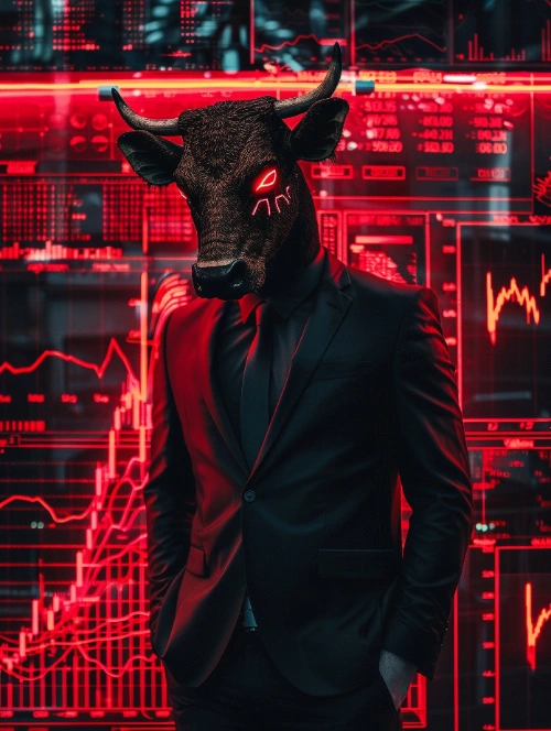Una figura con traje negro y cabeza de toro de ojos brillantes posa con elegancia en un entorno cibernético. Al fondo se despliegan pantallas electrónicas iluminadas en tonos rojos que muestran complejos gráficos de la bolsa.