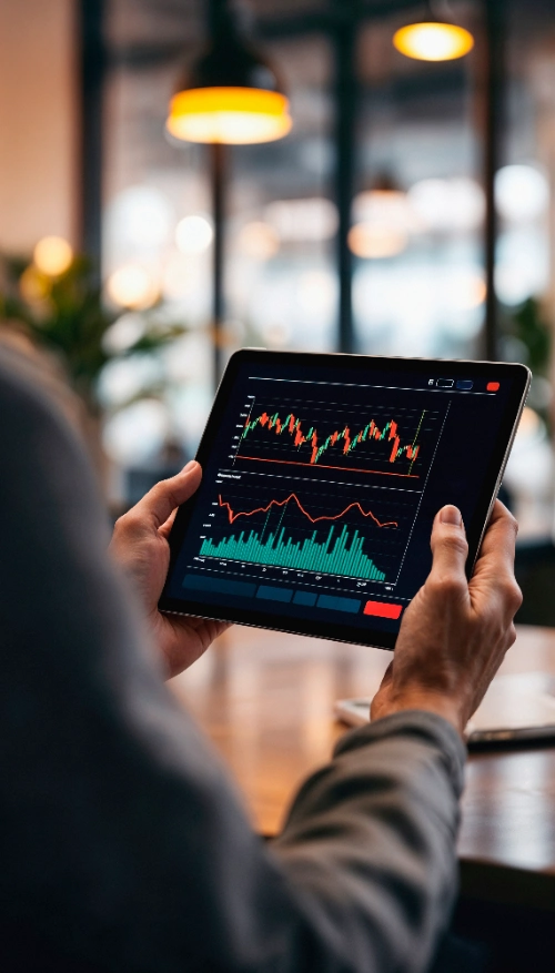 Una persona sostiene una tableta con ambas manos para revisar gráficos bursátiles de velas e histogramas financieros en un espacio interior difuminado.