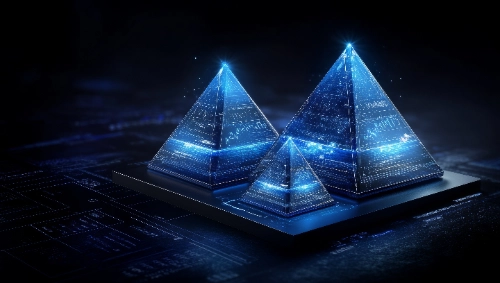 Tres pirámides digitales tridimensionales de color azul brillante se asientan sobre una plataforma electrónica. Sus superficies muestran circuitos luminosos, datos holográficos y destellos sobre un fondo oscuro.