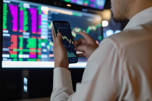 Un hombre con camisa blanca observa gráficos bursátiles en su teléfono móvil frente a monitores con paneles de datos financieros.