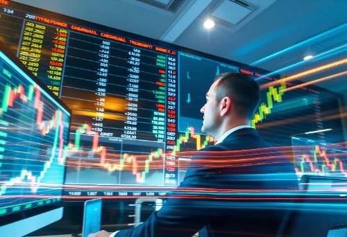 Un analista financiero de traje observa múltiples pantallas gigantes repletas de gráficos de velas y datos bursátiles en tiempo real.