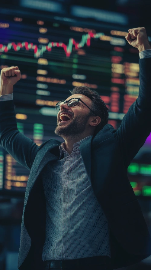 Un broker celebra eufórico con los puños en alto frente a pantallas financieras. Los monitores muestran gráficos con tendencias en verde que reflejan el éxito de sus operaciones.