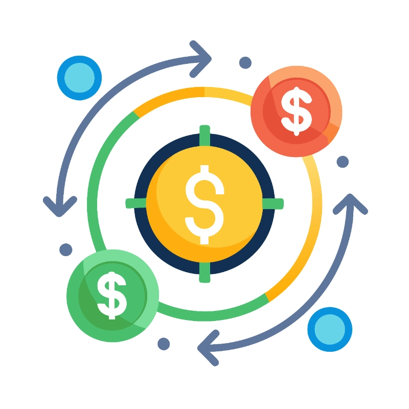 Ilustración vectorial plana de un objetivo financiero con monedas y flechas en rotación sobre fondo blanco.