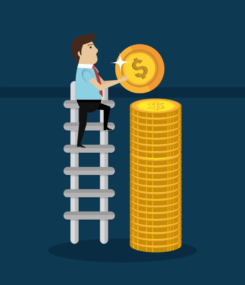 Ilustración vectorial de un hombre subido a una escalera apilando una moneda dorada gigante sobre una columna de dinero.