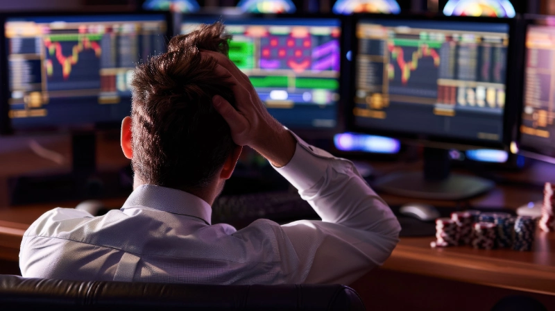 Hombre estresado tomándose la cabeza de espaldas frente a múltiples monitores con gráficos de mercado y fichas de juego.