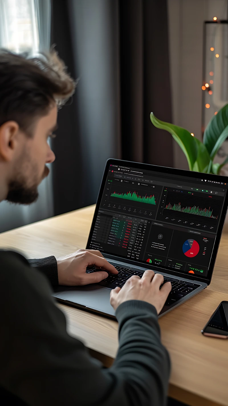 Track record de trading – cómo construir un historial verificable Track record de trading: hombre analizando datos en su portátil en el escritorio de trabajo
