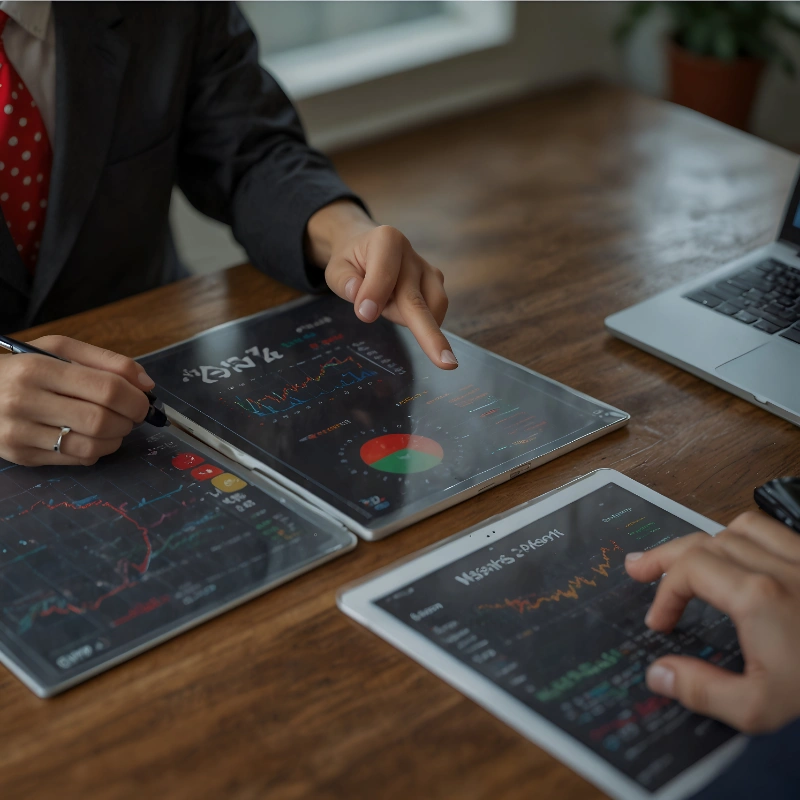 Ejecutivo de traje señalando un gráfico financiero en una tableta digital rodeada de múltiples pantallas interactiva sobre una mesa de trabajo.