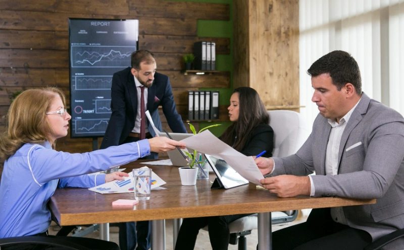 Ejecutiva entregando informes impresos con gráficos a su colega durante una reunión de negocios en una sala de conferencias equipada con pantallas de análisis de datos.