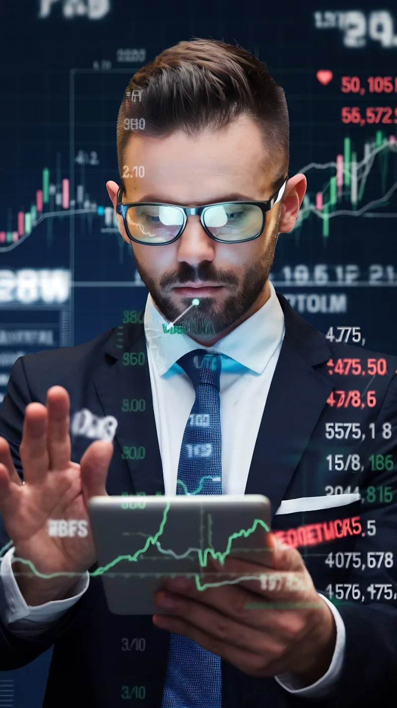 Capital para trading: trader con gráficos y cotizaciones bursátiles proyectados sobre su rostro